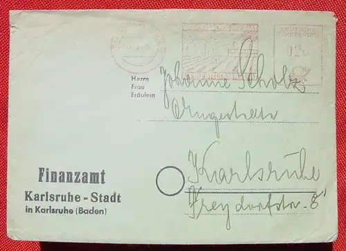 (1039012) Fuer Stempelsammler : Freistempel Karlsruhe 1952 auf stark gebrauchtem Kuvert
