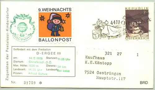 (2002470)  Ballonpost, mit Bordstempel des Freiballons D-Ergee III  Befoerderungsdaten v. 14.12.1969