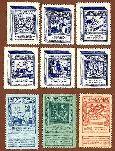 Mainz Scholz Verlag 39 alte Reklamemarken für Kinder und Jugendbücher 1910