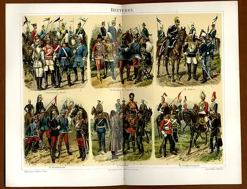 Militär Geschichte Infanterie Artillerie Kavallerie 4 alte Farblitho Tafeln 1895