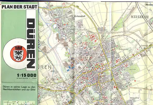 Rheinland Düren Stadtplan mit Vororten Merken Kreuzau Hoven Birgel 1970