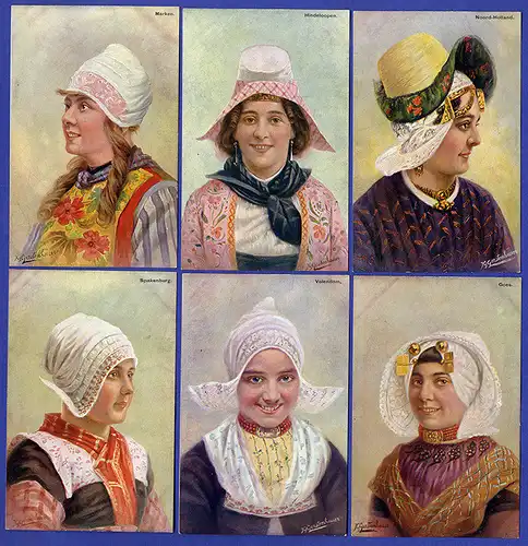 Holland Mädchen Hüte Hauben Trachten Volksleben 12 alte Künstler Karten 1920