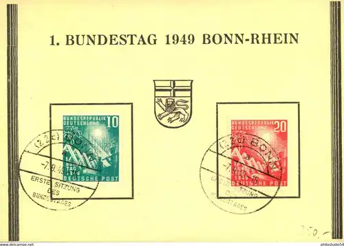 1949, Bundestag (Mi 111/2) komplett auf Karte mit Ersttagsstempel BONN