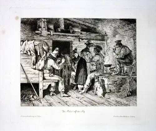 Die Maler auf der Alp - Maler Künstler Alpen Friedrich Gärtner Radierung etching