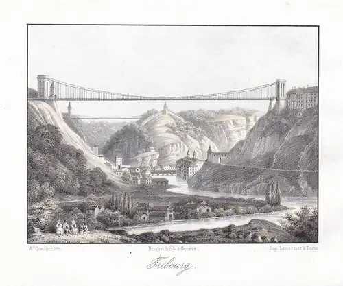 Fribourg - Freiburg im Üechtland Panorama Ansicht vue Farblithographie Lithographie Suisse Schweiz