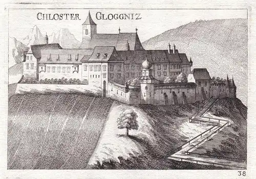 Chloster Gloggniz - Schloss Gloggnitz Niederösterreich Kupferstich antique print