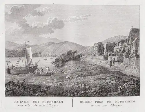 Ruinen bey Rüdesheim und Aussicht nach Bingen - Rüdesheim am Rhein Bingen Ansicht Kupferstich