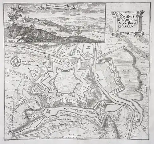 Grund-Riß und Attaques der Festung Charleroy - Charleroi Region wallonne carte gravure Belgique Karte map