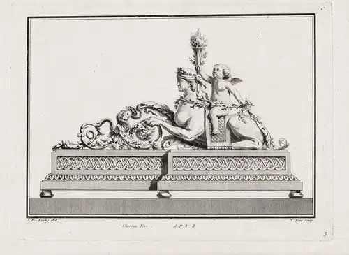 Engraving from the series Cahier de six Feux de Cheminées, a l'usage des Fondeurs / Bronze sculpture Barock ba