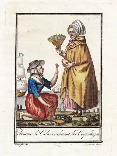 Femme de Calais, achetant des Coquillages - Calais France Tracht Trachten costume gravure