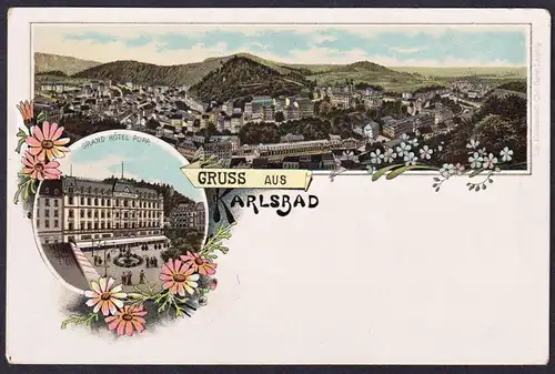 Gruss aus Karlsbad - Grand Hotel Pupp Karlovy Vary Böhmen Bohemia Czech Cechy Cesko Tschechien Ansichtskarte P