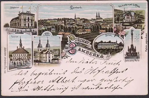 Pozdrav ze Zamberka - Senftenberg Zamberk Böhmen Bohemia Czech Cechy Cesko Tschechien Ansichtskarte Postkarte