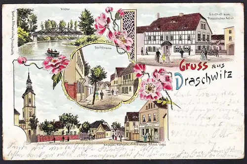Gruss aus Draschwitz - Elsteraue Gasthof zum Preussischen Adler Dorfstrasse Kirche Ansichtskarte Postkarte AK