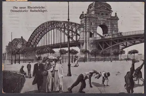 Die neue Rheinbrücke. Düsseldorfer Radschläger. - Postkarte Ansichtskarte AK postcard
