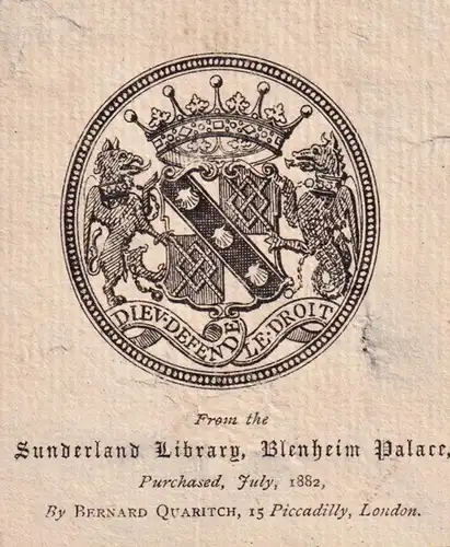 From the Sunderland Library, Blenheim Palace  - Exlibris ex-libris Ex Libris / Wappen coat of arms / armorial