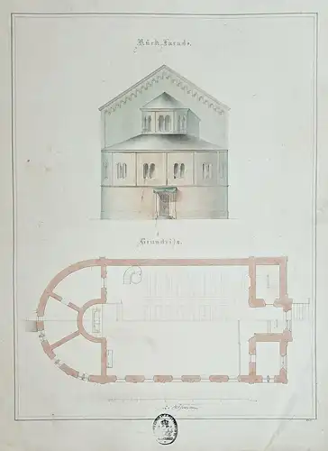 Rück-Facade / Grundriss - Kirche church Rück-Facade / Zeichnung drawing / Architektur architecture