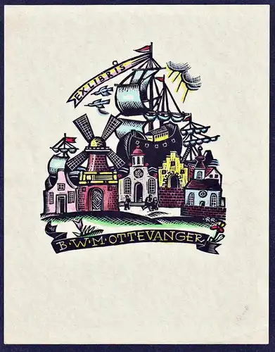 B.W.M. Ottewanger - Windmühle mill Schiff ship Marine Exlibris ex-libris Ex Libris bookplate