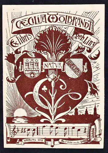 Ex Libris Caeciliae Wolbrandt geb. Linz - Musik Wappen Linz Hamburg Exlibris ex-libris Ex Libris bookplate