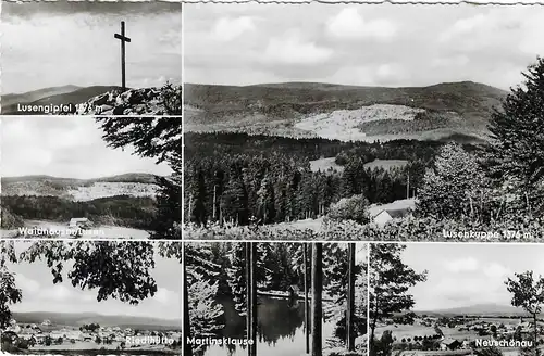 [Echtfotokarte schwarz/weiß] Bayerischer Wald, Lusengipfel, Waldhaus,  Riedlhütte, Martinsklause, Neuschönau, Lusenkuppe. 