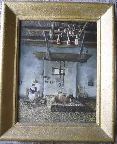 Bauern Küche mit spinnender Bäuerin - von Franz Paul Götte - dat.1947 (1158RG)