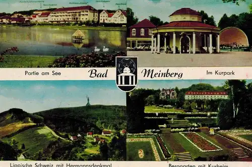 AK Horn-Bad Meinberg, Bad Meinberg, Ansichten, Kurpark, Berggarten, Lippische Schweiz, Hermannsdenkmal, See, 1964 gelaufen mit Marke+Sonderstempel