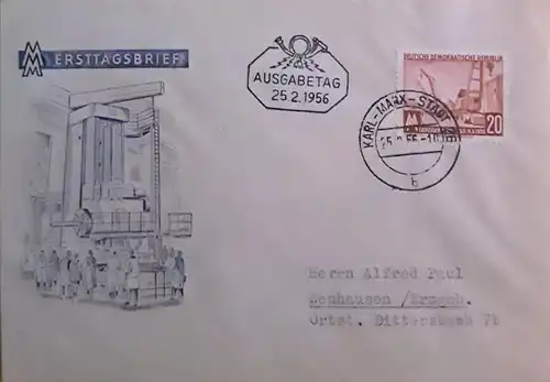 FDC Leipziger Frühjahrsmesse Mi.-Nr.: 518 Tagesstempel  mit Tagesstempel 25.2.56 Karl-Marx-Stadt