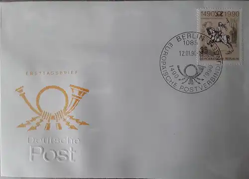 1990 500Jahre Internationale Postverbindungen in Europa  FDC  (MiNr.3299)  SSt Berlin 12.01.90