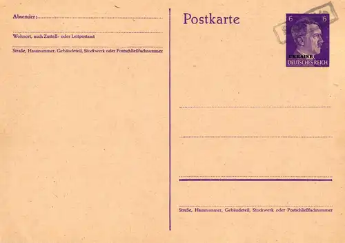 P 2 Postkarte Wertstempel Kopfbild Hitler, mit Aufdruck UKRAINE