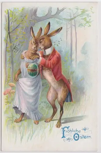 92840 Präge AK Fröhliche Ostern galanter Osterhase überreicht Osterei um 1910