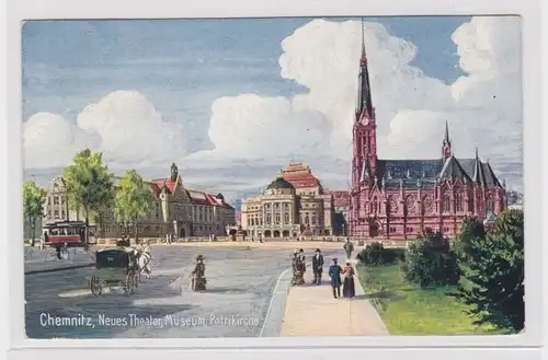 905838 AK Chemnitz - Neues Theater, Museum, Petrikirche, Straßenansicht 1913