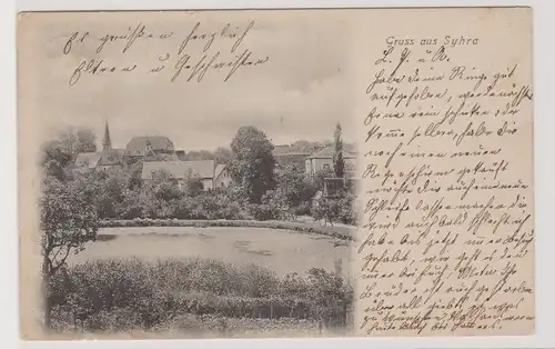 99553 AK Gruss aus Syhra - Ortsansicht mit Kirche und Teichpartie 1905