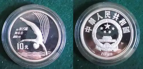 10 Yuan Silber Münze China 1990 Olympia Barcelona 1992, Turmspringen (125720)