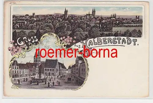 74084 Ak Lithografie Gruss aus Halberstadt Totale und Holzmarkt um 1900