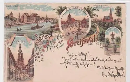 907691 Ak Lithographie Gruß aus Greifswald Stadtansichten 1900