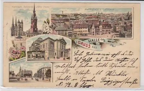 63084 Lithographie Ak Gruss aus Halle - Marktplatz, Marienkirche, Stadttheater