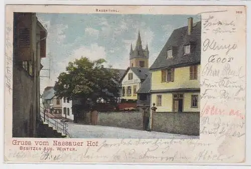 80838 Ak Rauenthal, Gruß vom Nassauer Hof Bes: Aug. Winter, Straßenansicht, 1902