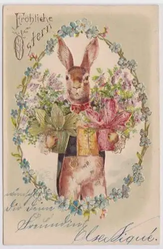 16428 Präge AK Fröhliche Ostern eleganter Osterhase trägt 2 Blumentöpfe 1904