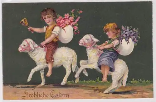 37802 Präge AK Fröhliche Ostern 2 Kinder mit Eierrucksäcken reiten auf Schafen