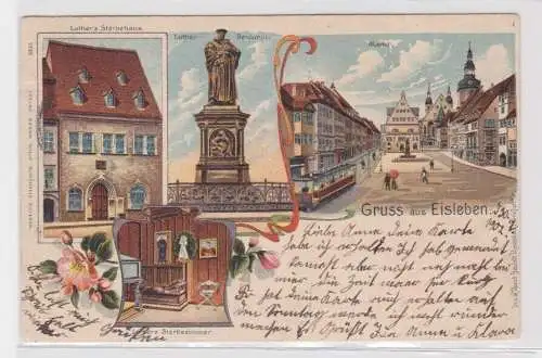 907716 Lithographie Ak Gruss aus Eisleben - Luther Denkmal und Sterbehaus, Markt
