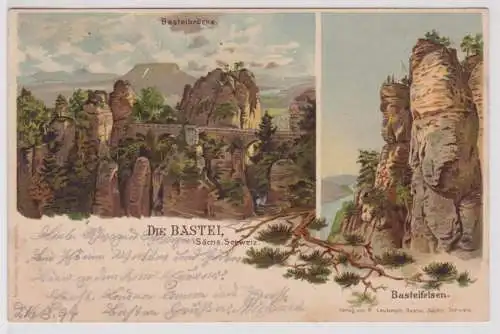 18166 Lithographie Ak Die Bastei - Basteifelsen und Brücke sächs. Schweiz 1899