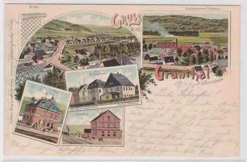 02665 Ak Lithographie Gruß aus Grünthal bei Olbernhau Post, Bahnhof usw. 1898