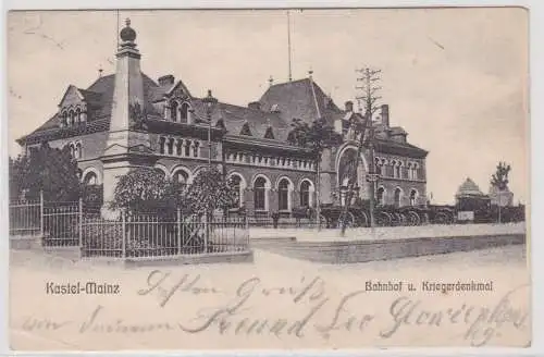 96542 Ak Kastel-Mainz Bahnhof und Kriegerdenkmal 1905
