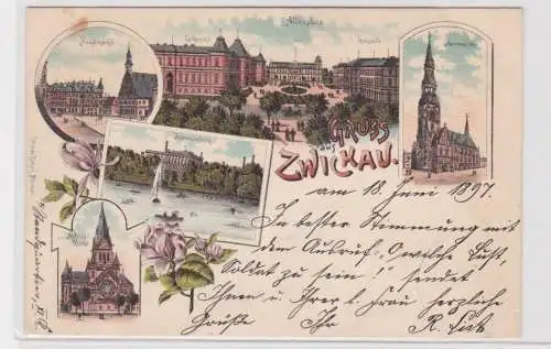 907261 Lithographie Ak Gruss aus Zwickau - Albertplatz, Marienkirche, Hauptmarkt