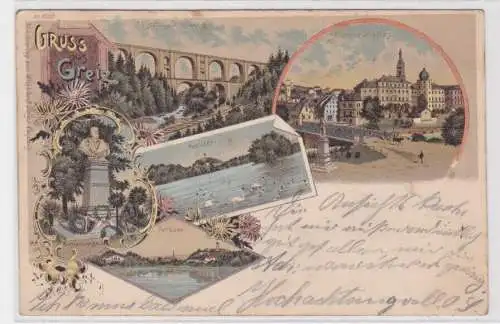 907255 Lithographie Ak Gruss aus Greiz - Elsterthalbrücke, Parksee 1898