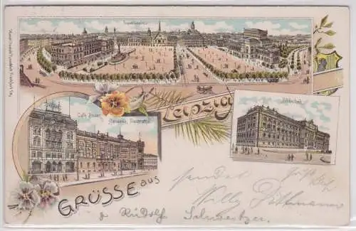 70105 Lithographie Ak Grüsse aus Leipzig - Augustusplatz, Bibliothek, Geschäfte