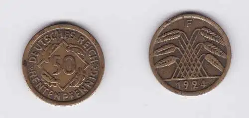 50 Rentenpfennig Messing Münze Weimarer Republik 1924 F Jäger 310 (119755)