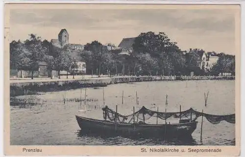 56909 Ak Prenzlau - St. Nikolaikirche und Seepromenade 1933