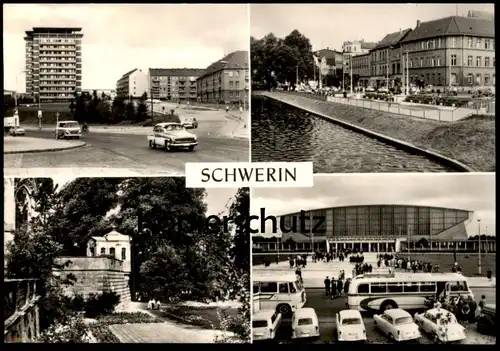 ÄLTERE POSTKARTE SCHWERIN WERNER-SEELENBINDER-STRASSE AM PFAFFENTEICH BURGGARTEN SPORTHALLE Trabant Bus car postcard DD