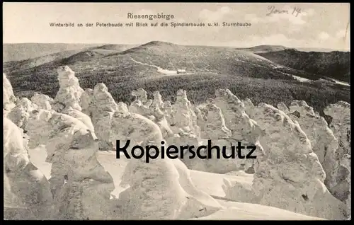 ALTE POSTKARTE RIESENGEBIRGE WINTERBILD AN DER PETERBAUDE 1914 BLICK SPINDLERBAUDE BÖHMEN Petrova bouda cpa postcard AK