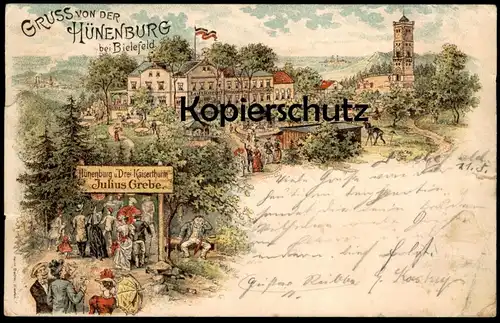 ALTE LITHO POSTKARTE GRUSS VON DER HÜNENBURG BEI BIELEFELD DREI KAISERTHURM JULIUS GREBE Fotograf Karussell photograph